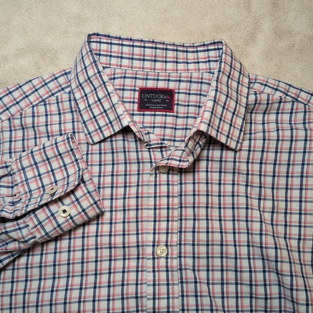 UNTUCKit Shirt Men's Sz L Blue White Pink Cotton/Lyocell Plaid Long Sleeve Shirt